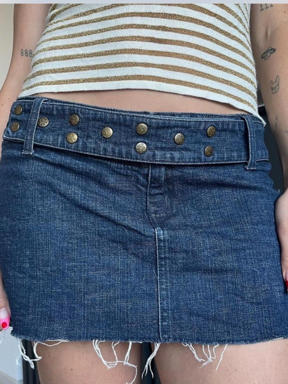 Dark Blue Denim Mini Skirt with Studded Waistband